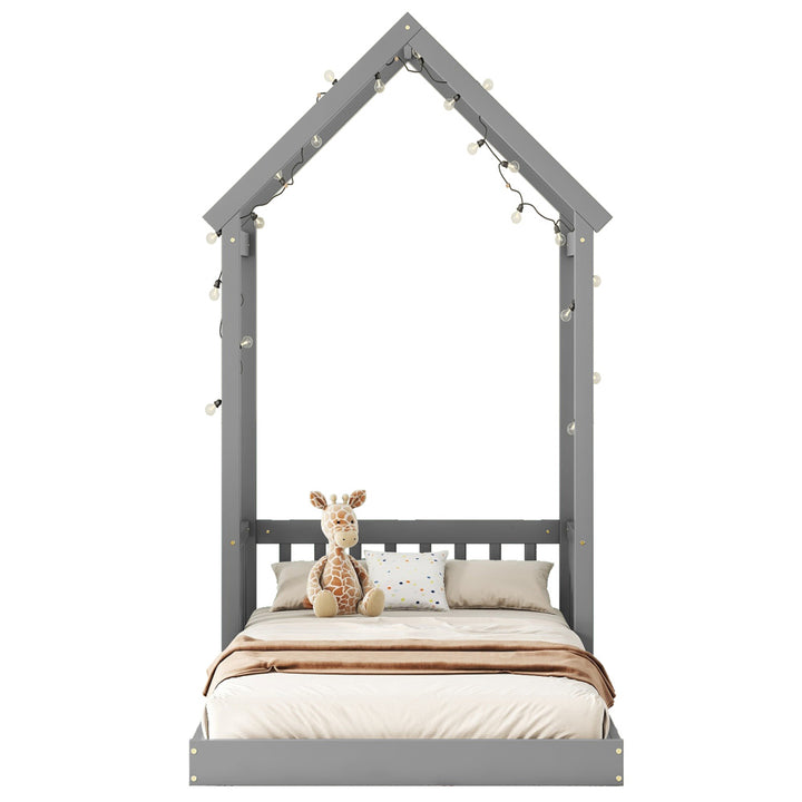 Twin House-shaped Roof Headboard Floor Bed,,(without slats),Grey