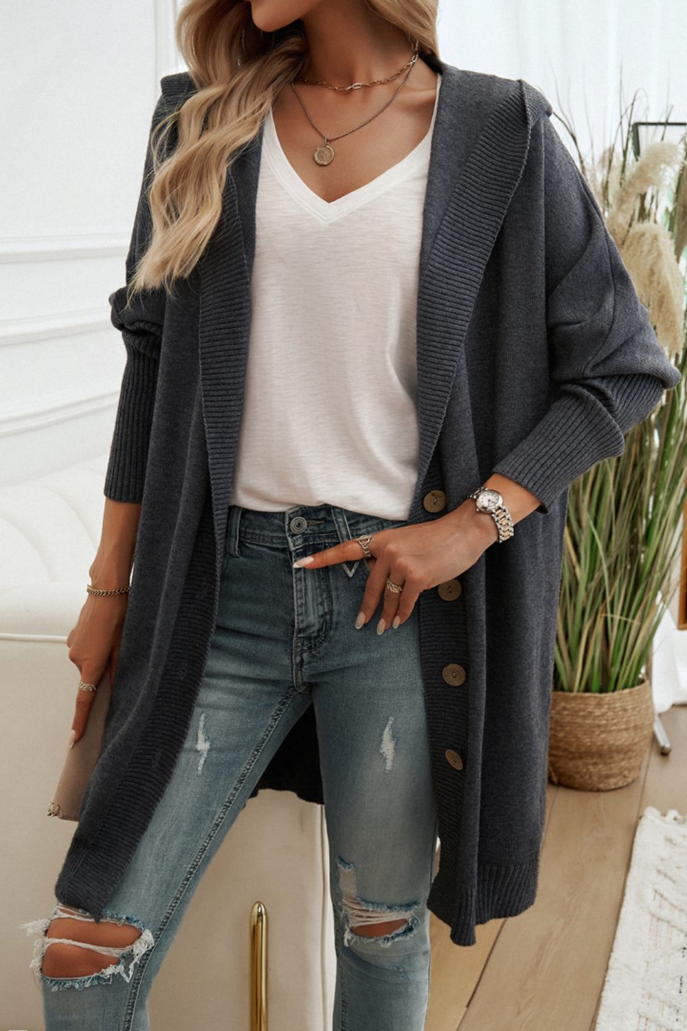 Devine Button Hooded Cardigan