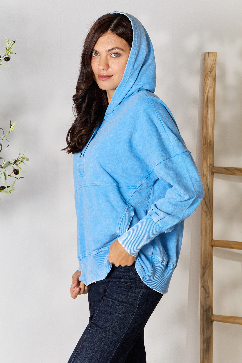 Zenana Half Snap Long Sleeve Hoodie