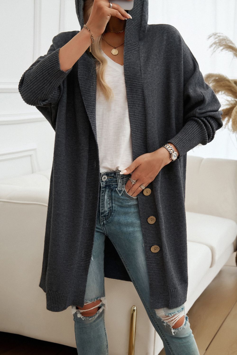 Devine Button Hooded Cardigan