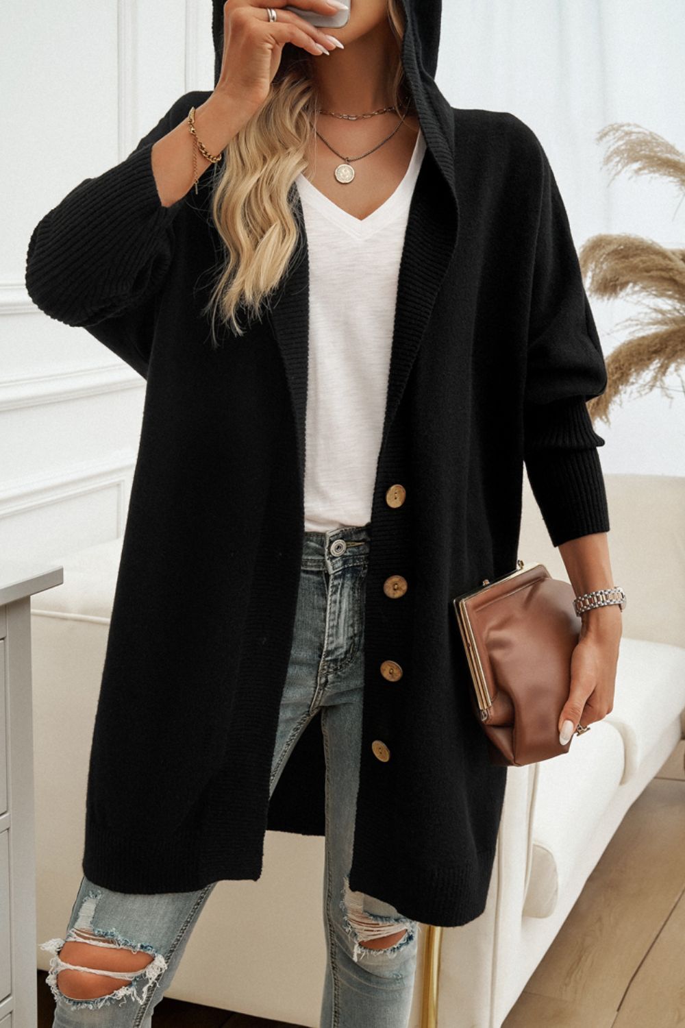 Devine Button Hooded Cardigan