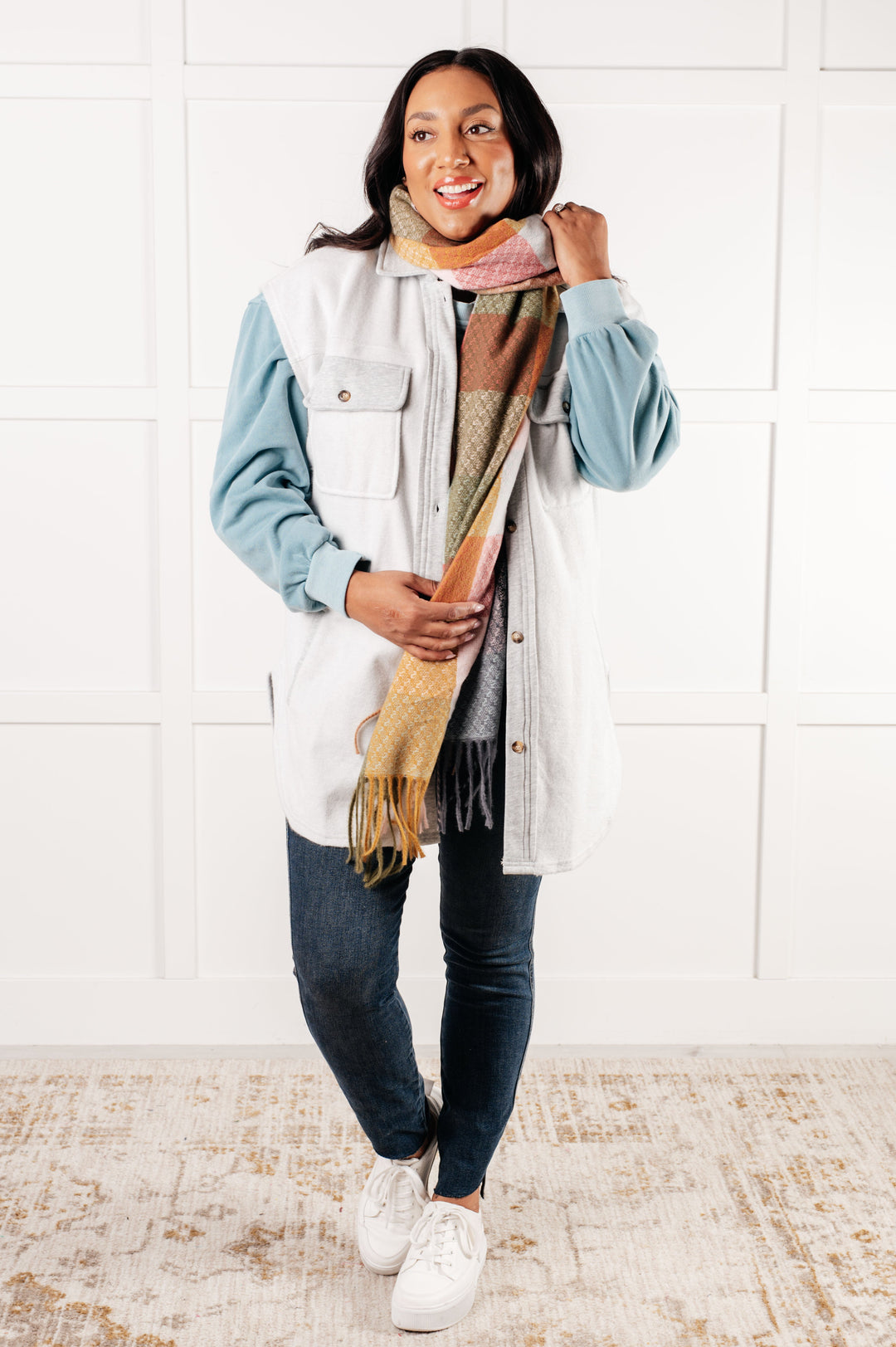 Keep Me Cozy Checkered Fringe Scarf in Pine and Petals