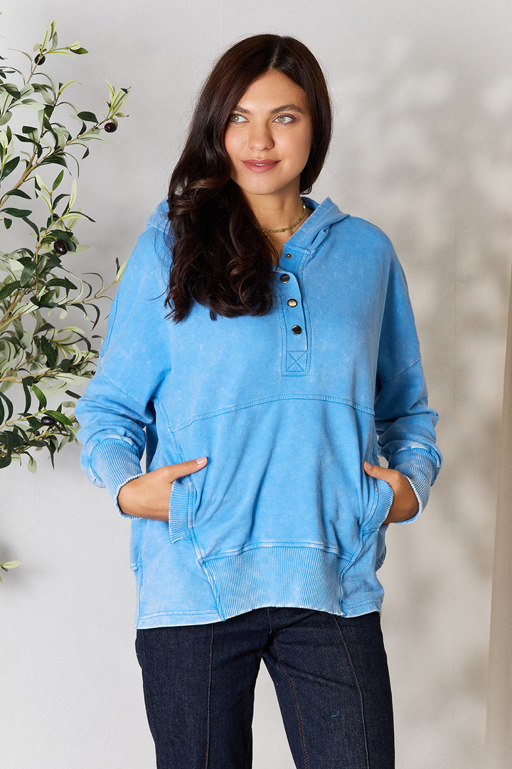 Zenana Half Snap Long Sleeve Hoodie