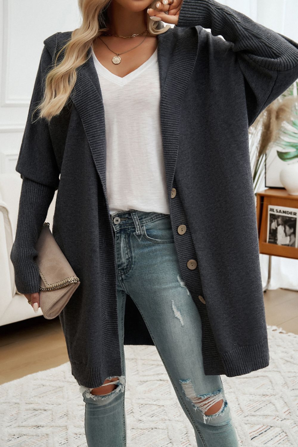 Devine Button Hooded Cardigan